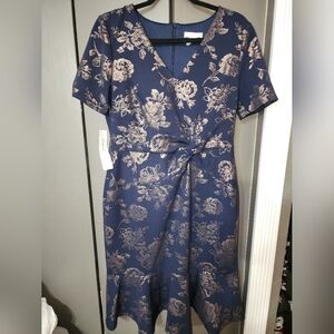 London Times Navy and Rose Gold Petite Twist-Waist Flounce-Hem Midi Dress